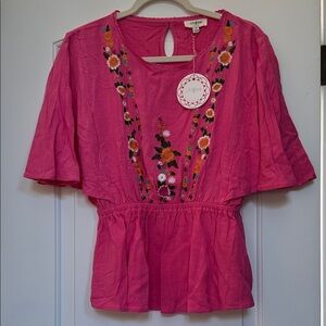 Umgee Pink Blouse with Floral Embroidery